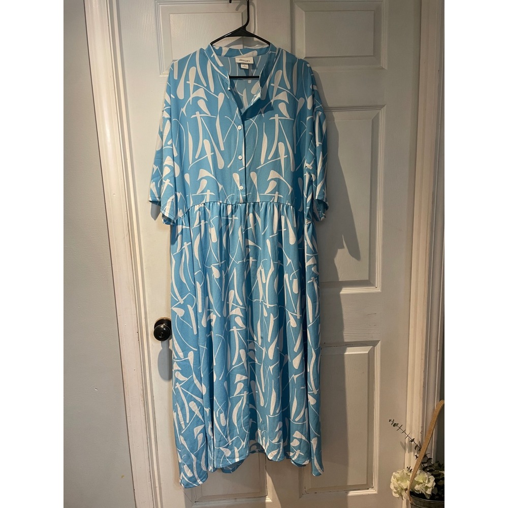Monkl Blue White Abstract Print Button Front Midi Shirt Dress XL Short Sleeve